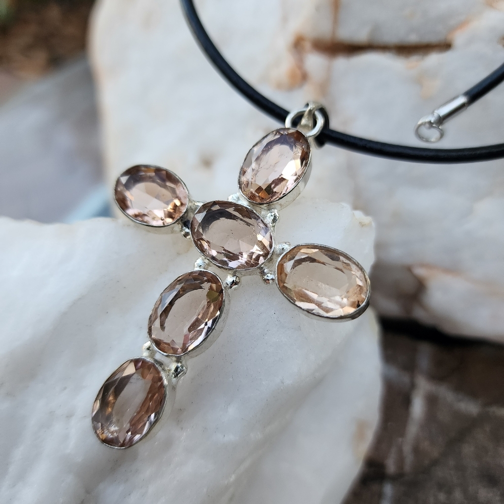 Italian Leather Necklace Rhodium/Silver Cross Pendant Morganite Stone